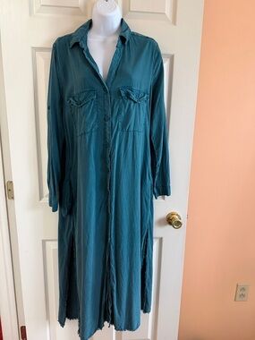 Cloth & Stone Teal Button-Front Long Sleeve Shirt Dress